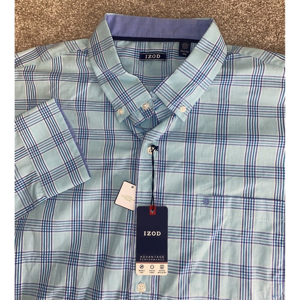 Izod Advantage Performance Wrinkle Free Stretch Plaid Blue Shirt Mens 2XLT Work